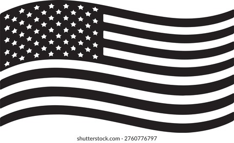 Monochrome illustration of the US flag flowing, symbolizing American values, unity, and patriotic spirit for various uses.