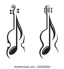 monochrome illustration of violin, guitar and note