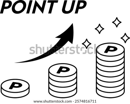 A monochrome illustration in which points accumulate and increase as coins. Concept of point increase, growth, and achievement.