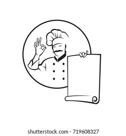 monochrome illustration of whiskered chef with menu paper