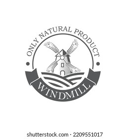 monochrome illustration of windmill and wheat ears isolated on white background