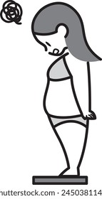 Monochrome illustration of a woman who is concerned about her body shape and is on a scale
