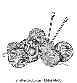 Monochrome illustration with wool balls for knitting and knitting needles. Vector illustration in sketch style. Black-white. Silhouette.