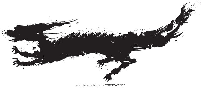 Monochrome illustration of the year of the dragon drawn with a paintbrush