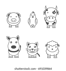 Monochrome illustrations of animals on a farm and pets
