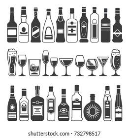 Monochrome illustrations of black pictures of alcoholic bottles. Vector for logo or label design. Alcohol bottle menu, drink cocktail glass