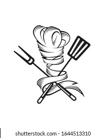 monochrome illustrations of crossed spatula, fork and chef hat isolated on white background