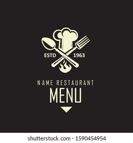 ilustraciones monocromáticas de cuchara cruzada, fork y sombrero de chef aislado en fondo negro