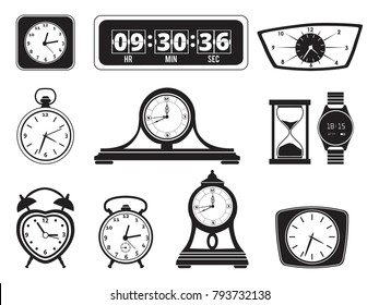 Monochrome illustrations of different clocks. Alarm and bells. Vector clock timer vintage and modern