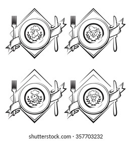 monochrome illustrations of dish with knife and fork