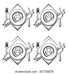 ilustraciones monocromáticas de plato con cuchillo y tenedor