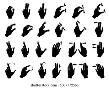 Monochrome Illustrations Of Gestures To Control Electronic Devices With Touchscreen. Gesture Finger And Hand Touchscreen Vector