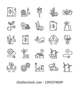 Monochrome illustrations of icons relating to the production and distribution of green energy, white background.