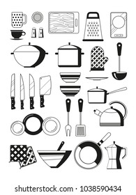 Monochrome illustrations of kitchen tools. Vector silhoette of restaurant utensil. Kitchen tool and kitchenware for cooking, spatula and cutlery