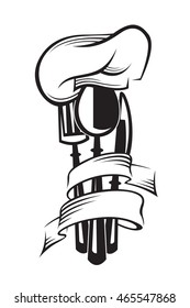 monochrome illustrations of knife, fork, spoon and hat