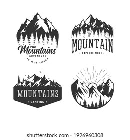 Monochrome illustrations with a mountains logos on a white background.