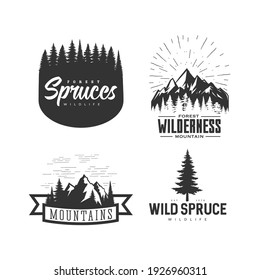 Monochrome illustrations with a mountains logos on a white background.