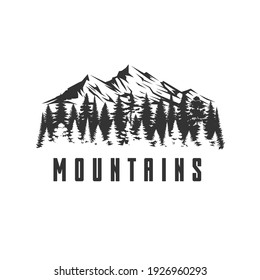 Monochrome illustrations with a mountains on a white background.