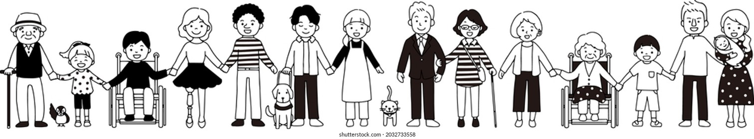 Monochrome illustrations of people with artificial legs, wheelchairs, visually impaired, hearing impaired, people of various races and ages.Easy-to-edit vector material.