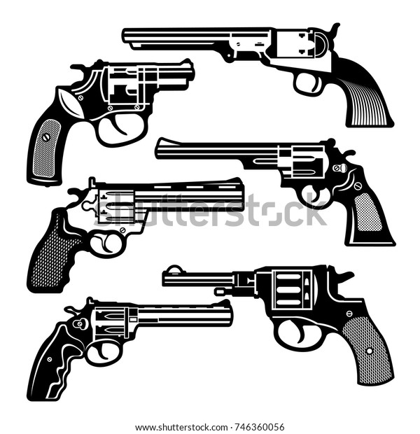 レトロな武器のモノクロイラスト 拳銃のビンテージ銃 ベクター画像セット ピストル銃と武器はモノクロ黒 ピストル クラシックカウボーイ のベクター画像素材 ロイヤリティフリー