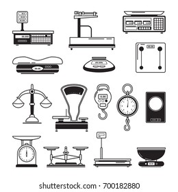 Monochrome illustrations of scales. Visualization of balance tools