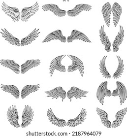 Monochrome illustrations set of different stylized wings for logos or labels design projects. Vector pictures set of line wings bird or angel