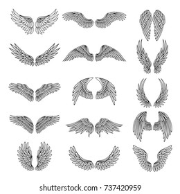 Monochrome illustrations set of different stylized wings for logos or labels design projects. Vector pictures set of line wings bird or angel