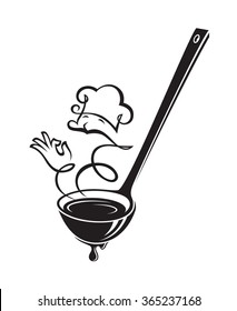 monochrome illustrations of soup ladle and steam