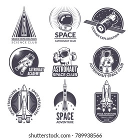 Monochrome illustrations of space shuttle and astronauts for labels and badges. Spaceship and science exploration emblems, launch shuttl with astronaut vector