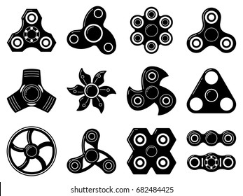 Monochrome illustrations of spinner toys at different shapes. Vector pictures isolate on white
