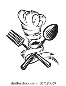 monochrome illustrations of spoon, fork and chef