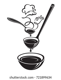 monochrome illustrations of spoon, ladle, plate and steam