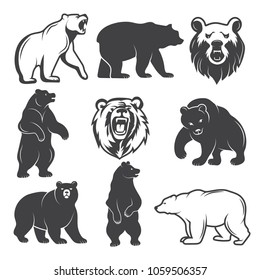 Monochrome illustrations of stylized bears. Pictures set for logos or badges design. Vector bear animal, wild mammal monochrome silhouette svg