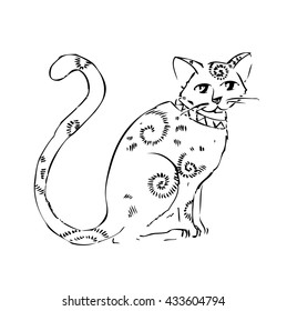 Monochrome image of the cat isolated on white background. Art vector illustration.