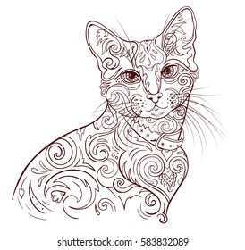 Monochrome image cat. Linear silhouette filled with floral ornaments. Vector illustration in style zentangl. Antistress great coloring for adults and children.