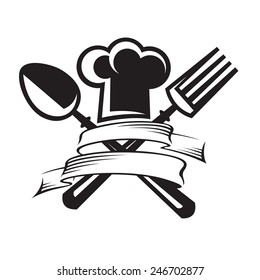 monochrome image of chef hat with spoon and fork