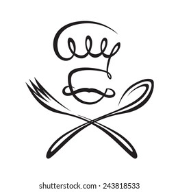 monochrome image of chef with spoon and fork