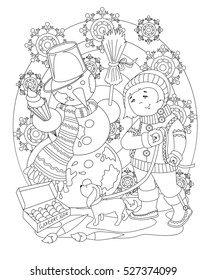 Monochrome image. Coloring antistress. Illustration of a Christmas theme. Girl and snowman.