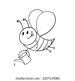 Monochrome image. Cute bee with a small watering can, bee watering plants, vector illustration in cartoon style on a white background