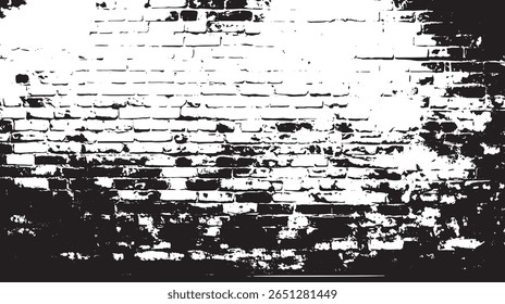 a monochrome image of a distressed brick wall with high contrast textures in black and white tones.