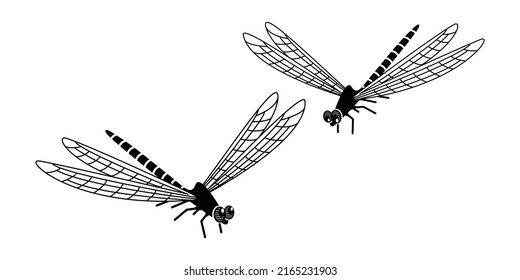 Monochrome image of dragonflies in flight. Dragonflies looking at each other. Insects with wings. Illustration in the style of flat and contour graphics.