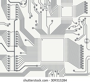 Monochrome image of fragment of printed circuit board with the contact pads. Vector.