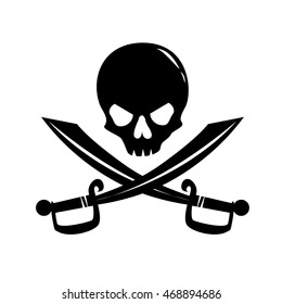 Monochrome image of human skull and crossed sabers isolated on white background. Symbol of pirate, danger, death. Art vector illustration.
