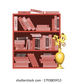A monochrome image of a library cabinet with books and a large vase of flowers in front. Vector illustration