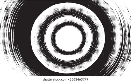 Monochrome image presents concentric circles with a textured, abstract design, incorporating halftone dots and dynamic brushstroke effects, creating a visually compelling pattern