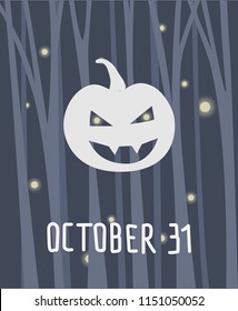 Monochrome image of a pumpkin against the background of a night forest with swirling fireflies.