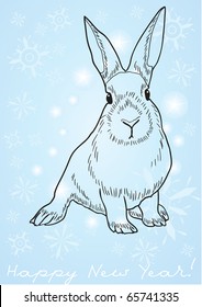 Monochrome image of a rabbit against blue background with snowflakes and Happy New Year below