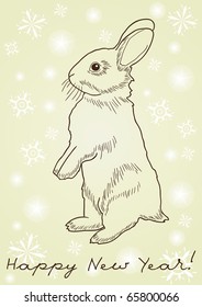 Monochrome image of a rabbit standing on hind legs against yellow background with snowflakes