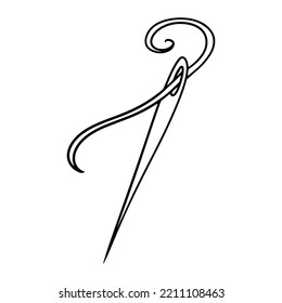 Monochrome image, Sharp metal needle with thread, vector illustration in cartoon style on a white background