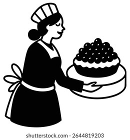 Monochrome image showing a young woman with a chef hat, apron, and a bow at the back, smiling and holding a big blueberry pie on a white platter. Transparent background.